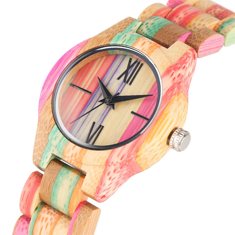 Reloj de madera de bambú multicolor para mujer, cuarzo, pulsera de madera completa para mujer, cierre plegable, reloj de madera para mujer