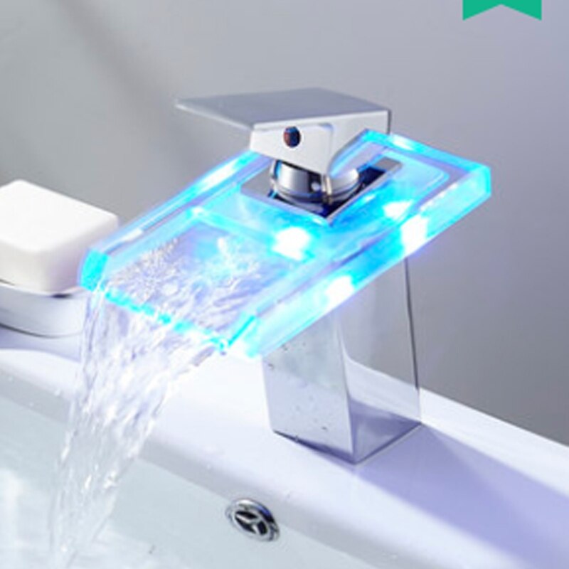LED Waterfall Kitchen Bathroom Basin Sink Taps Faucet Temperature Color Change