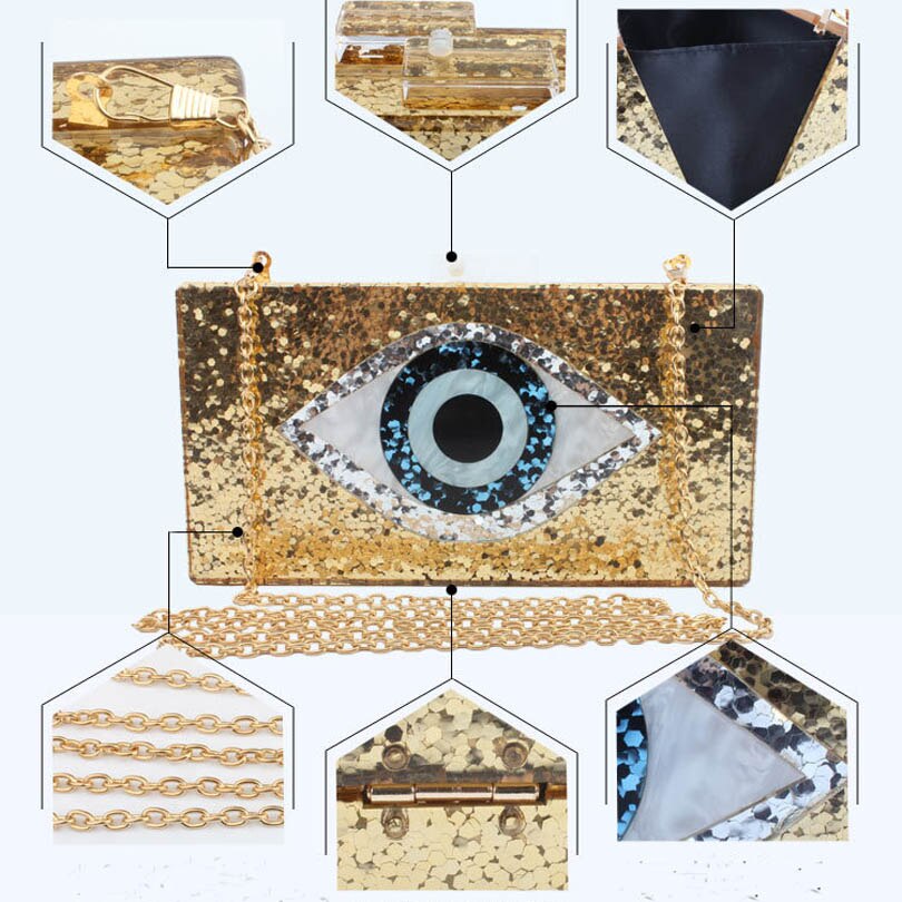 Bling sort guld patchwork glitter onde øjne akryl pvc plastik boks dag clutches sommer rejser aften håndtasker kvinder strandtasker
