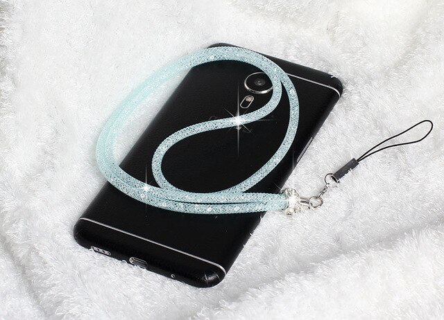 Honey Universal crystal Bling Strap Long Luxury neck lanyard cell phone mobile telephone belt hang chain key ID PASS card: light blue