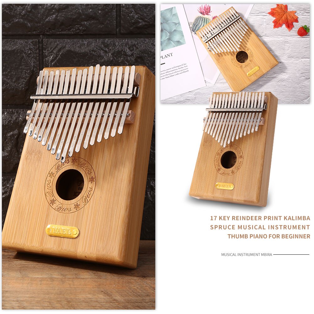 Bamboo Thumb Piano African Sanza Mbira 17 Keys Kalimba w/ Tuning Hammer Stickers for Beginner Music Learning Supplies