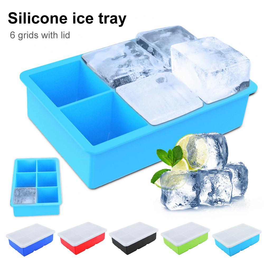 Bandeja cuadrada de silicona para cubitos de hielo de grado alimenticio, contenedor de moldes con tapa, molde congelador grande, suministros para bares y fiestas, 6 rejillas