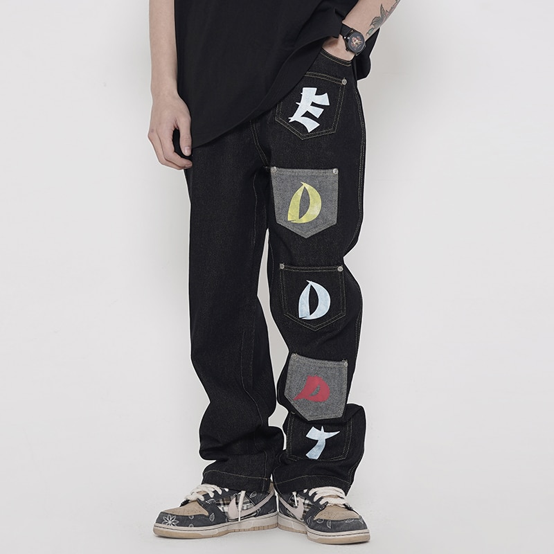 Retro Streetwear Letter Pocket Stitching Jeans Men and Women Straight Oversize Ripped Washed Denim Trousers Hip Hop Loose Pants