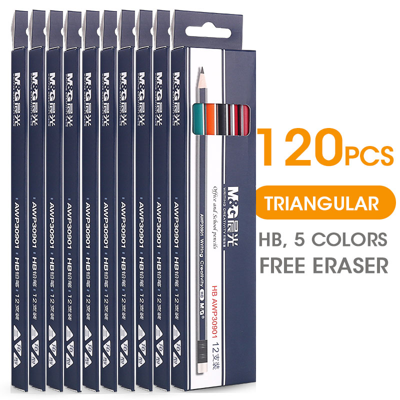 M&amp;G 12/24/48/120pcs Triangular HB Wood Pencil with Eraser Pre-Sharpened Lead Pencils Graphite Pencil for school supplies kids: 120pcs (10 boxes)