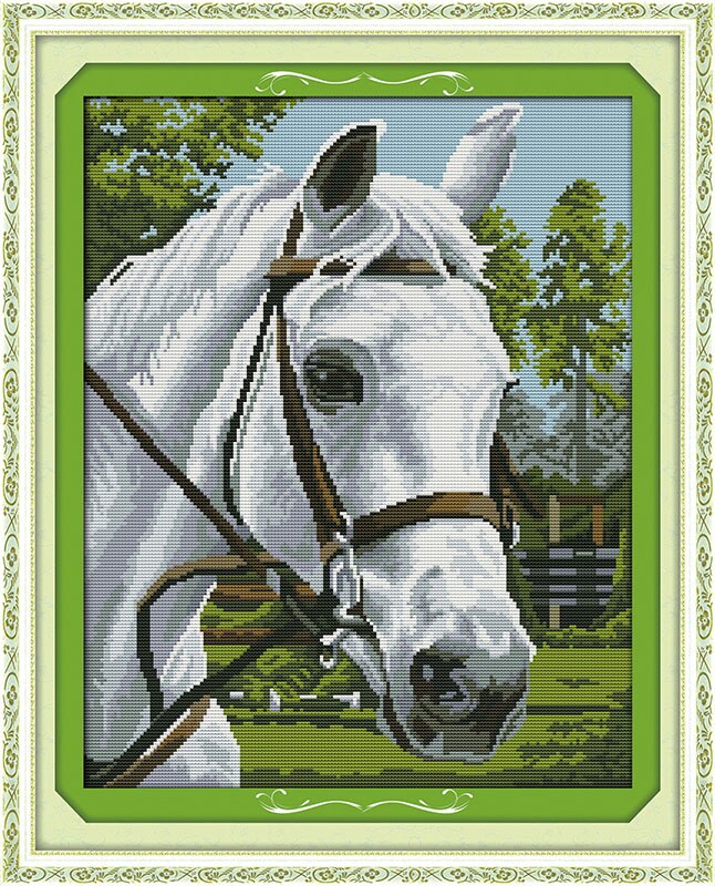 Hvid hest (1)  korssting kit 14ct 11ct præstemplet lærred korssting dyreelsker broderi diy håndlavet håndarbejde