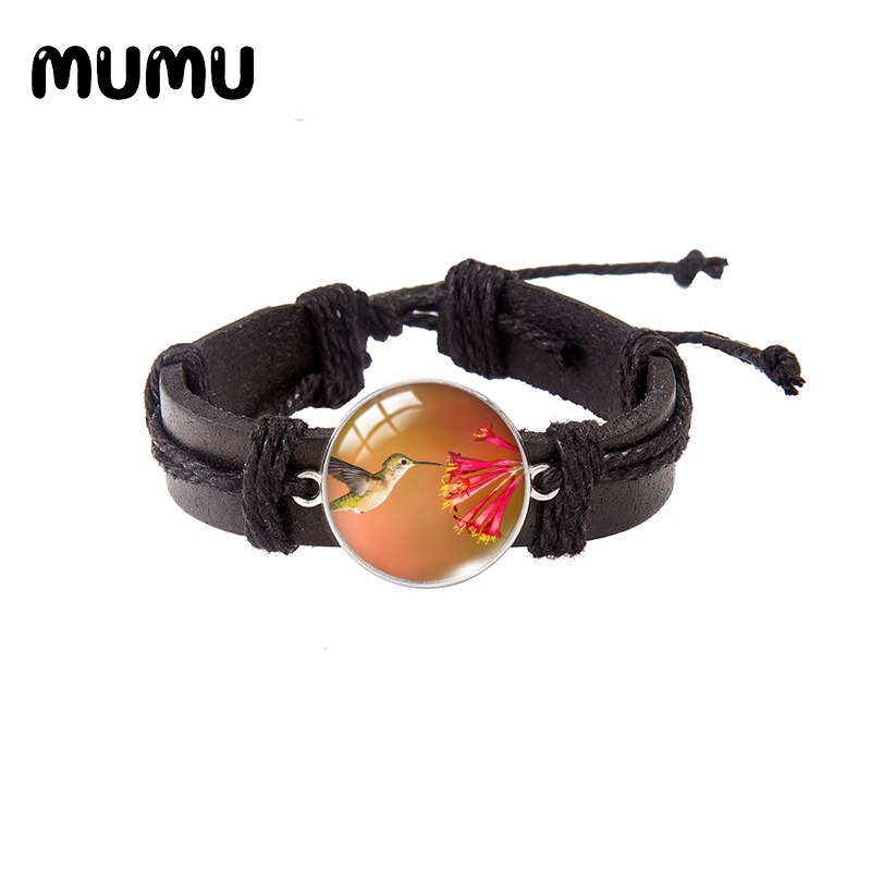 Hummingbird Flower Leather Bracelet Round Glass Dome Bracelets Handmade Jewelry Men Women: 5