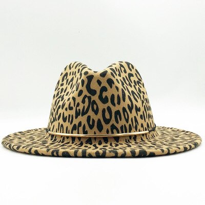 Kvinder jazz hat leopard print fedora hat vinter hat kunstig uld blanding jazz cap bred brim kirke derby flad top hat: Hvid