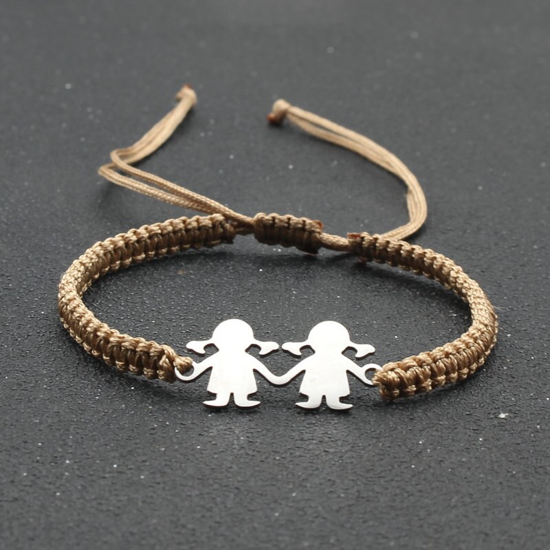 Stal nierdzewna śliczne Twin Little Girl Charm bransoletka czarna lina pleciona regulowane bransoletki dla kobiet biżuteria Mujer Pulsera: Khaki