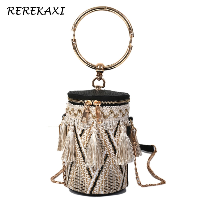 Women's Bucket Bags Beach Straw Bag For Women Tassel Shoulder Messenger Bags Female Handbag Chain Crossbody Bags Tote