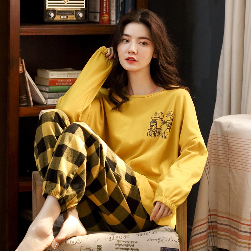 Pijamas Vrouwen Katoenen Pyjama Set Twee Delige Set Lange Mouw Nachtkleding Koreaanse Stijl Leuke Nachtkleding Loungewear Thuis Kleren