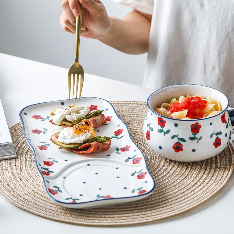 Dinner Plates Cutlery Set Ceramic Tray Vajilla Soup Bowl Milk Mug Food Tray Hand-painted Floral Plate Separation Oatmeal Bowl