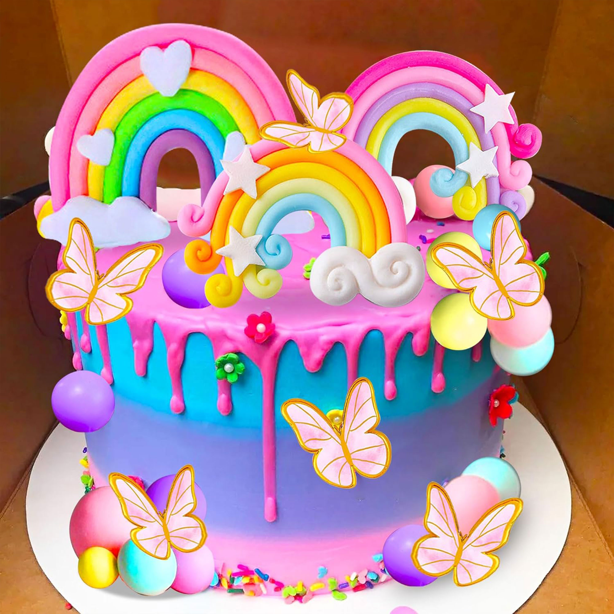 LaVenty 33 PCS Pink Rainbow Cake Topper Unicorn Rainbow Cake Decorations Boho Cake Topper Girls Birthday
