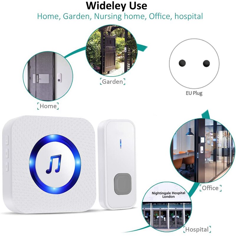 Wireless Smart Doorbell Set IP55 Waterproof Doorbell Electric Door Chime Kit with 55 Chimes&Blue Lights for Home