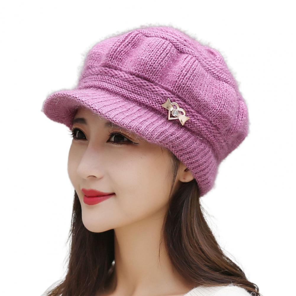 Hat Sun Protection All Match Cap Peaked Autumn Winter Pure Color Knitting Peaked Accessories: Pink