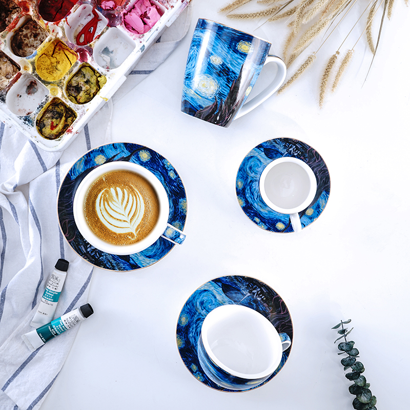 90/220/300/400ML Latte Cappuccino Espresso Mugs Coffe Mugs Set with Spoon Saucer Milk Cup Mug Van Gogh Oil Painting Style Cups
