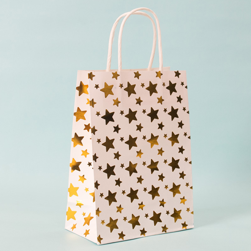 30pcs/lot Stars Striped Bag Paper Bags Birthday Wedding Party For With Handle 21*15*8cm: Gold Star