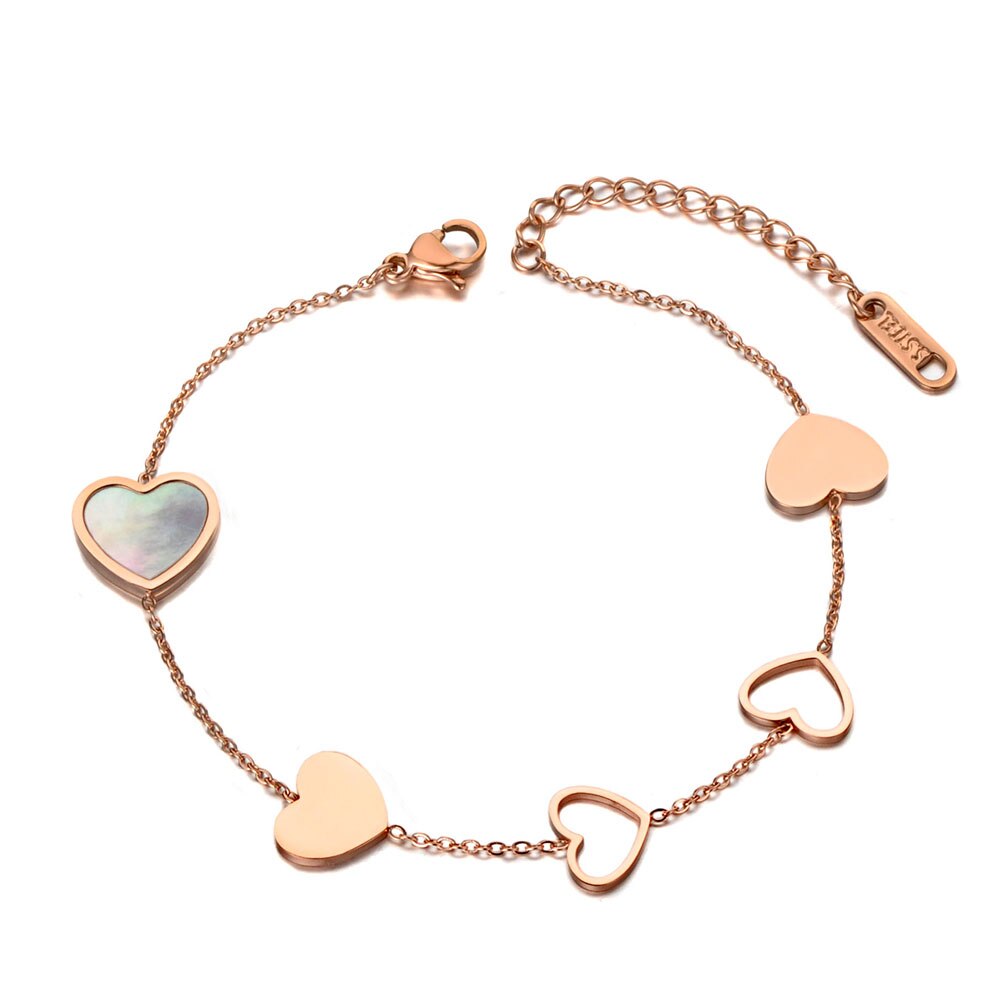JeeMango Trendy Rose Gold Shell Heart Charm Party Bracelet Bangle Stainless Steel Bohemia Chain Link Bracelets For Women JB19117: Rose Gold Color
