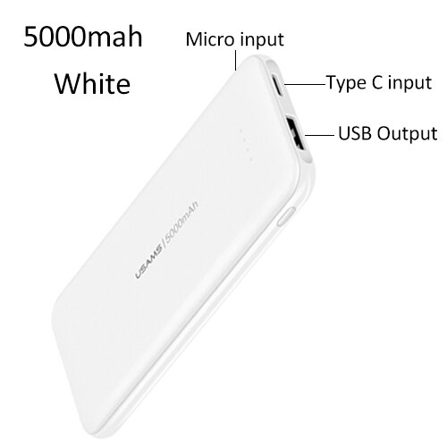 5000mAh Mini Power Bank for iPhone Samsung,USAMS External Battery Poverbank Ultra-thin powerbank Type C fast charging pover bank: 5000mah White