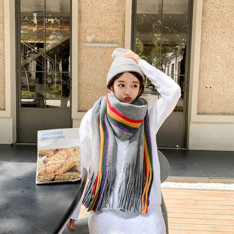 Novo designer arco-íris cachecol de caxemira feminino inverno quente xales pashmina macio listrado senhoras borla longo envoltório: Grey