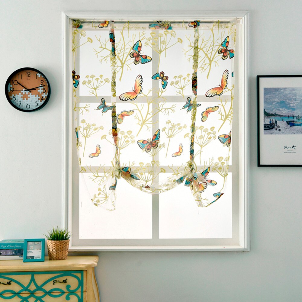 Rideau à tige relevable, beau rideau à motif papillon romantique, rideau court pour chambre à coucher, cuisine, salle de bain, décoration de maison