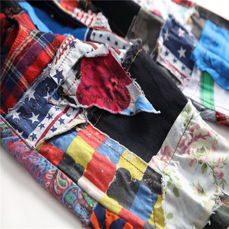 Men's Patchwork Spliced Ripped Denim Jeans Male Slim Colored Patch Buttons Fly Straight Pants