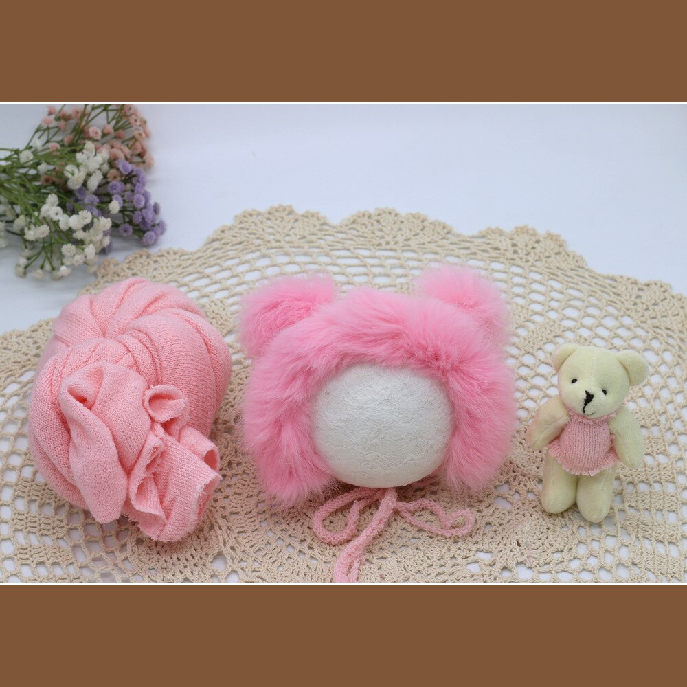 3pcs/set Newborn Photography Props Blanket Hat Baby Photography Wrap Props Bear Doll Baby Photo Shoot Accessories