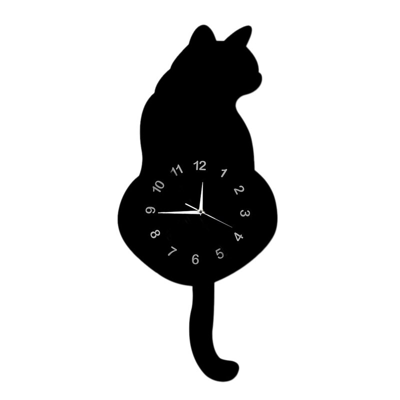 AU05 -Modern 3D Digital Wall Clock Cat Swinging Tail Move Silent Non Ticking Pendulum Quartz Clock for Bedroom Home Decor: Default Title