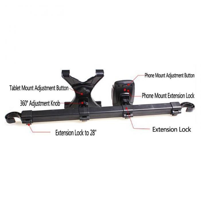 2 in 1 Premium Center Car Seat Headrest Mount Universal Hands Free Tablet + Smartphone Cradle Holder For 10 cm Phones 18 cm Pads