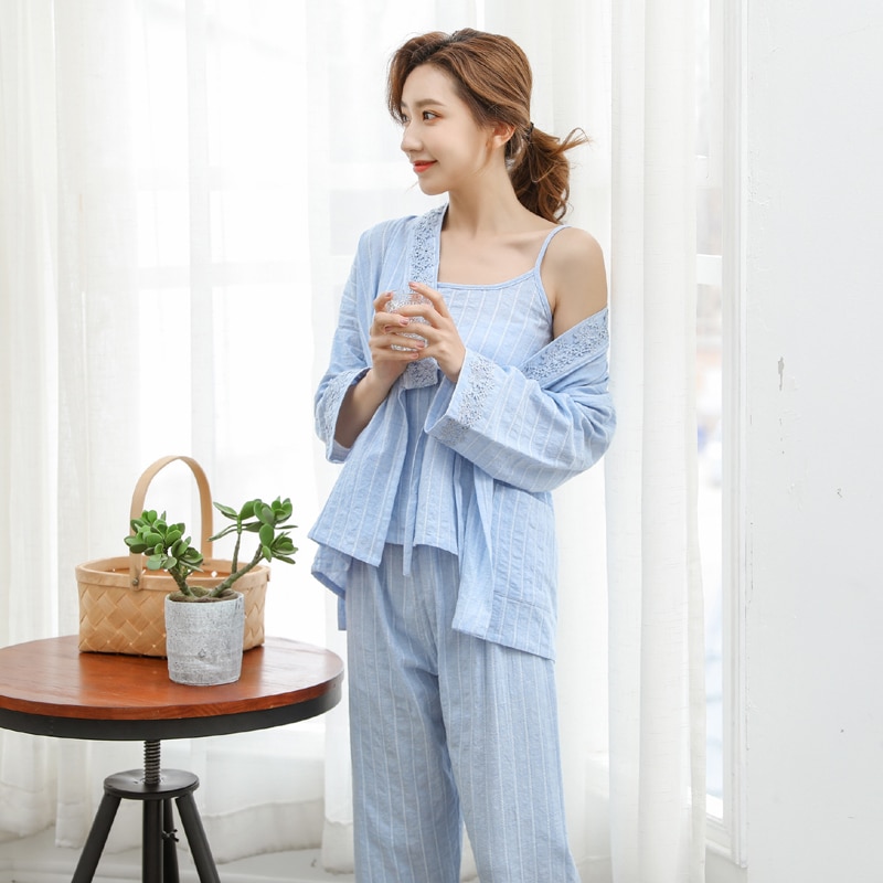 Japanse kimono lente en herfst katoenen damesbroek met lange mouwen bretels driedelig huispak pyjamapak zomer