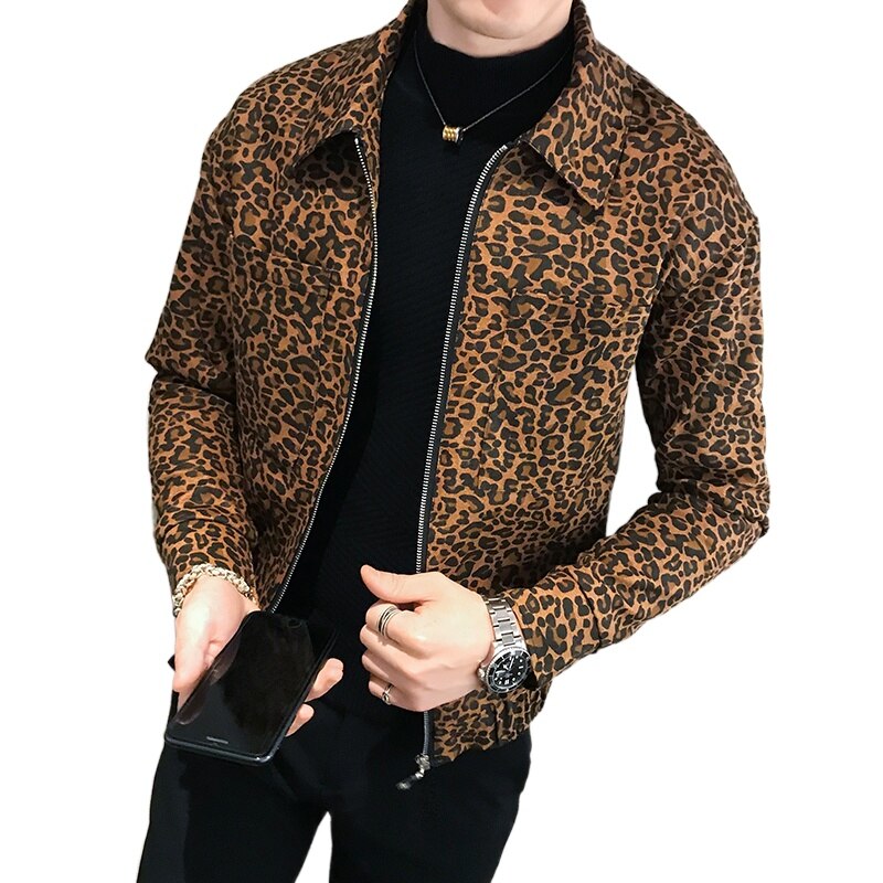 Chaqueta de leopardo para hombre, Cazadora bomber de con cremallera, informal, a la , primavera y otoño,