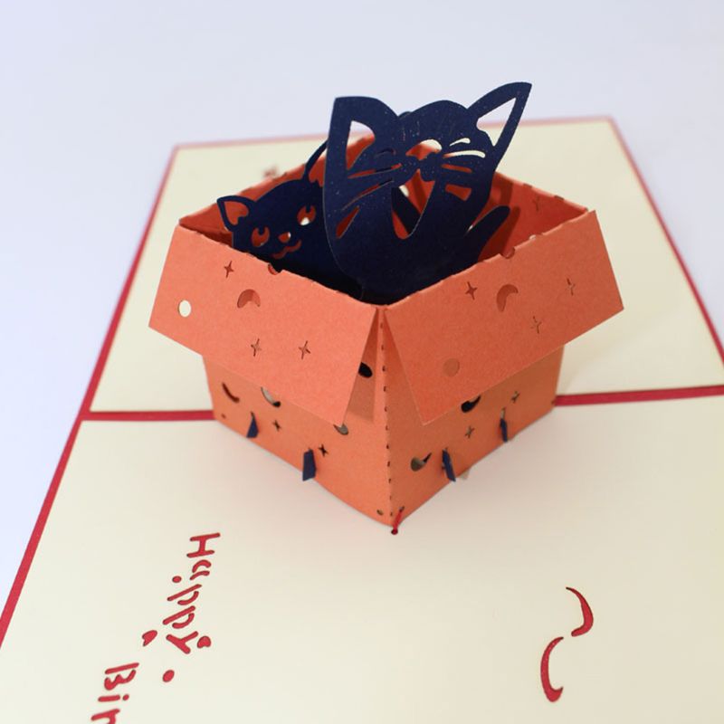 E8BD Handmade 3D Pop Up Cat Hidden In Box Greeting Card With Envelope Invitation Birthday Christmas Wedding Party Decoration