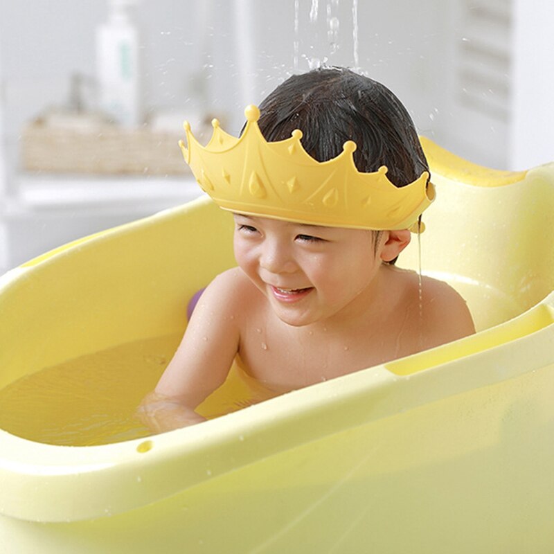Gorro de ducha con forma de corona para recién nacido, gorro de lavado de pelo ajustable, protección para los oídos, protector de champú seguro para niños, gorro de baño