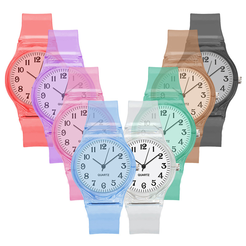 Relojes de pulsera a la para hombre y mujer, relojes de cuarzo informales con banda de plástico transparente de Color caramelo, novedad de