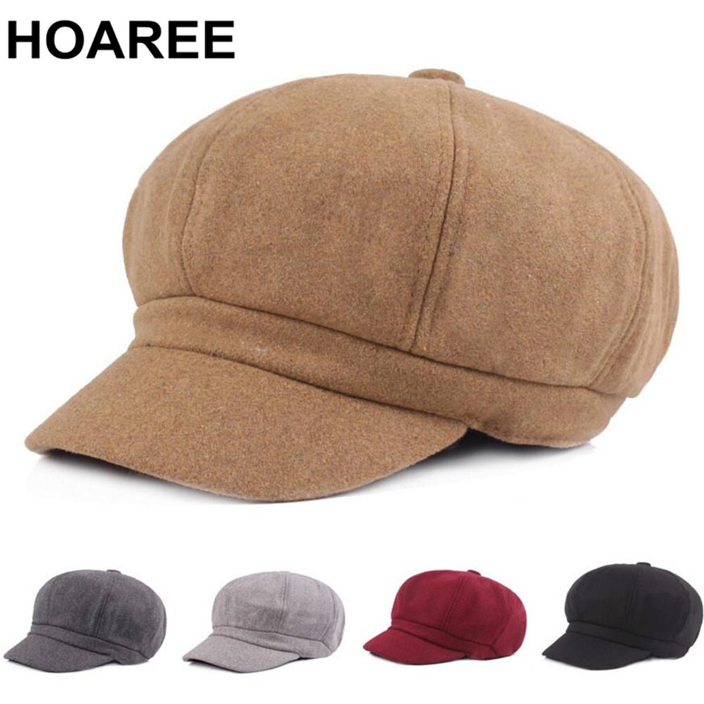 Hoaree kamel efterår vinter hat kvinder nyhedsdreng uld vintage ottekantet kasket afslappet elastisk hat kvindelig maler british cap