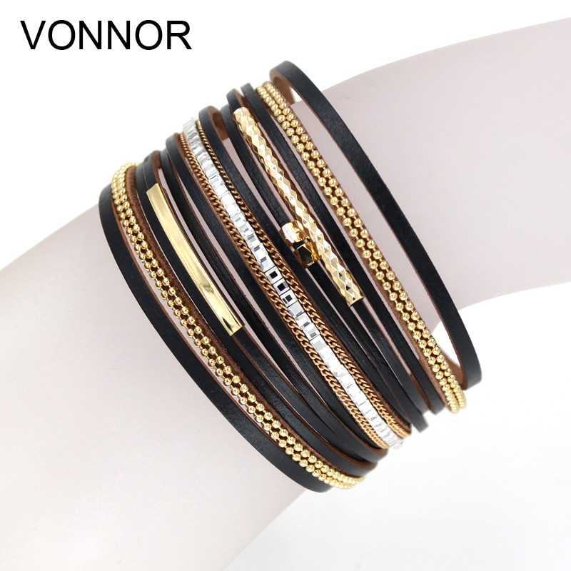 Women Bracelets Multi-layer Leather Rope Rhinestone Combination Metal Pipe Chain Bracelet Jewelry