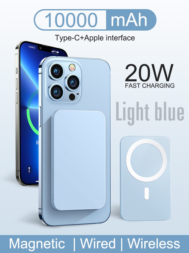 10000mAh Portable Magnetic Wireless Power Bank 15W Fast Charger For iPhone 12 13 Pro Max Mobile Phone External Battery: 10000mAh-Light blue