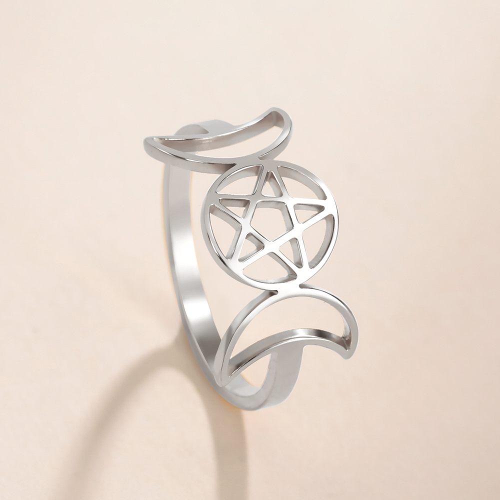 COOLTIME Pentagram potrójny księżyc bogini Symbol pierścionki dla kobiet mężczyzn półksiężyc pierścionek ze stali nierdzewnej Vintage Wicca biżuteria prezent