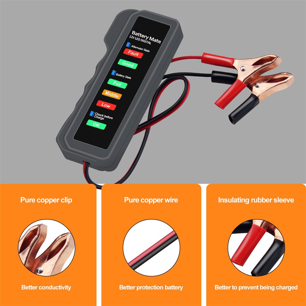 12V Car Battery Tester Vehicle Alternator Test 12 Volt Batteries Check Diagnostic Tool For Automobile And Motorcycle Accessories