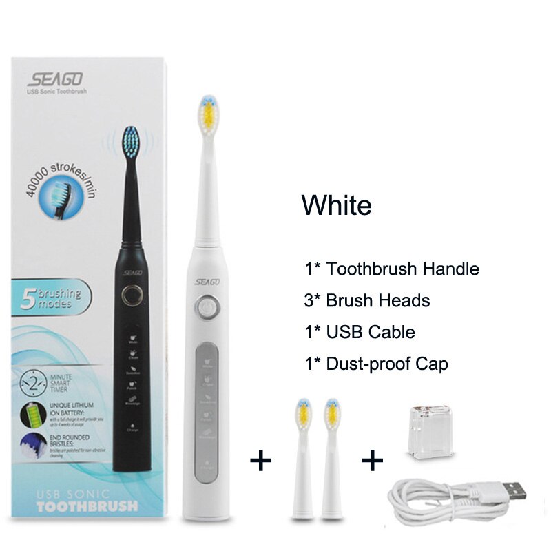 Sonic Electric Toothbrush Brand Teeth Whitening Replacement Brush Heads USB Recharging Tooth Brush Dental Teeth Cleaner White: white toothbrush SG