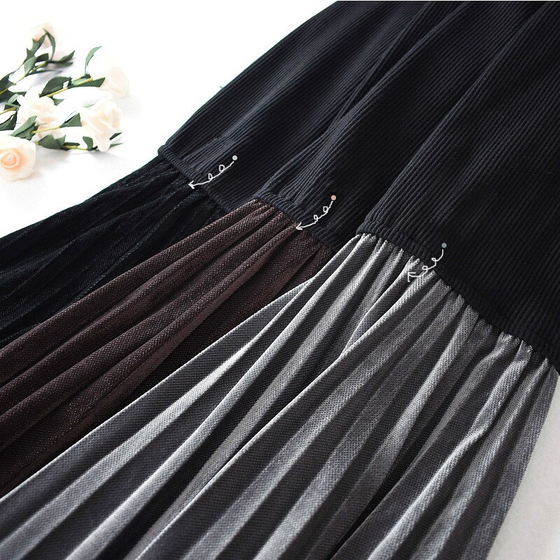 Gold Velvet Pleated Vest Slip Dress Women Ribbed Cotton Stretch Sleeveless Inner Sling Dress Petticoat Autumn Pleuche Full Slip