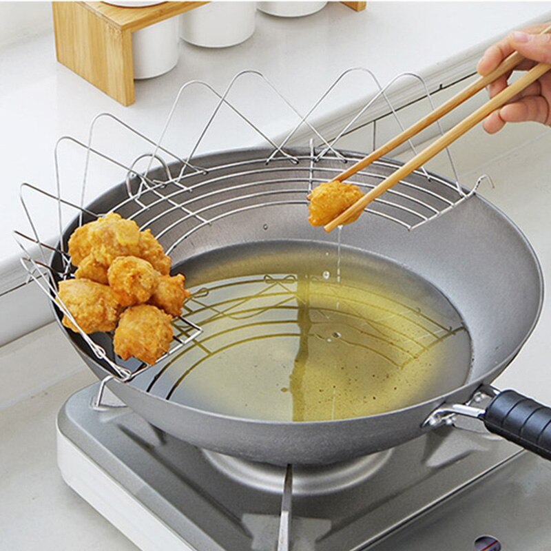Multi-Function Frying Oil Filter Rack Stainless Steel Semicircle Steaming Drain Oil Holder Kitchen Cooking Foldable Gadgets