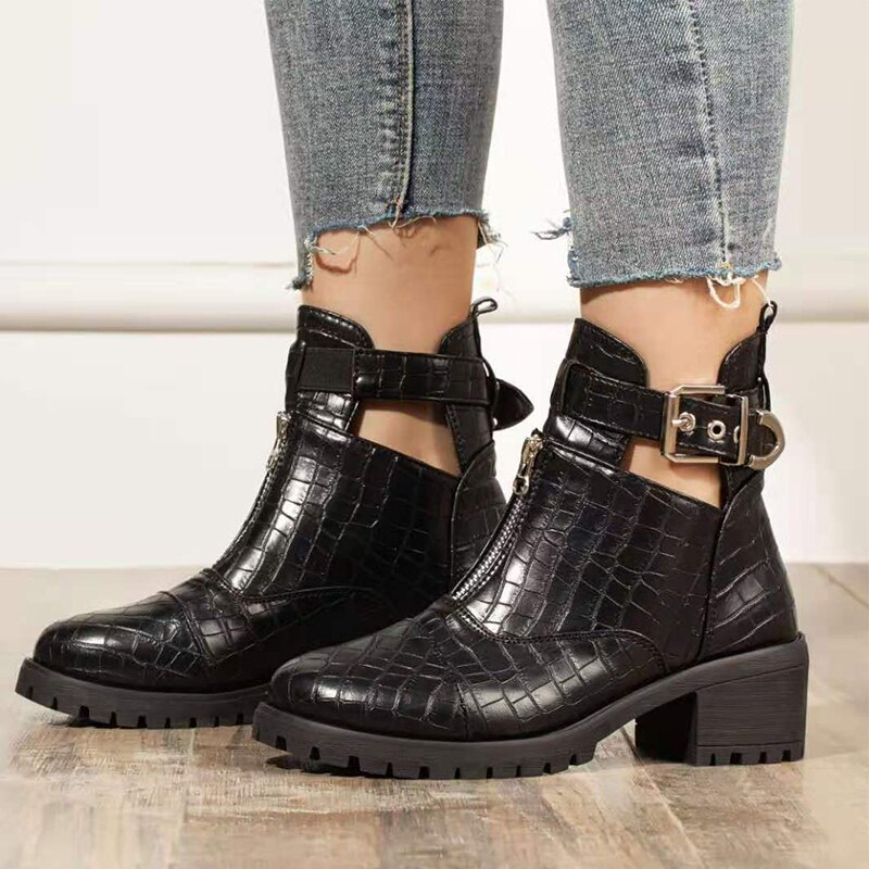 Woman Platform Boots Ladies Motorcycle Cowboy Boots Women PU Leather High Heels Short Booties Ankle Botas Zipper Shoes