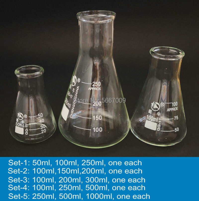 1set Erlenmeyer Borosilicate Glass Flask Wide Neck Conical Triangular Flask for Lab Chemical Equipment