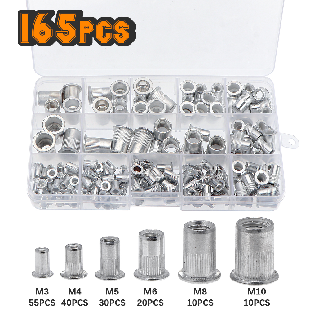 165Pcs M3 M4 M5 M6 M8 M10 Mix Size Klinknagel Noten Set Aluminium Platte Kop Klinknagel Noten Insert Klinknagels met Plastic Doos Hardware Onderdelen