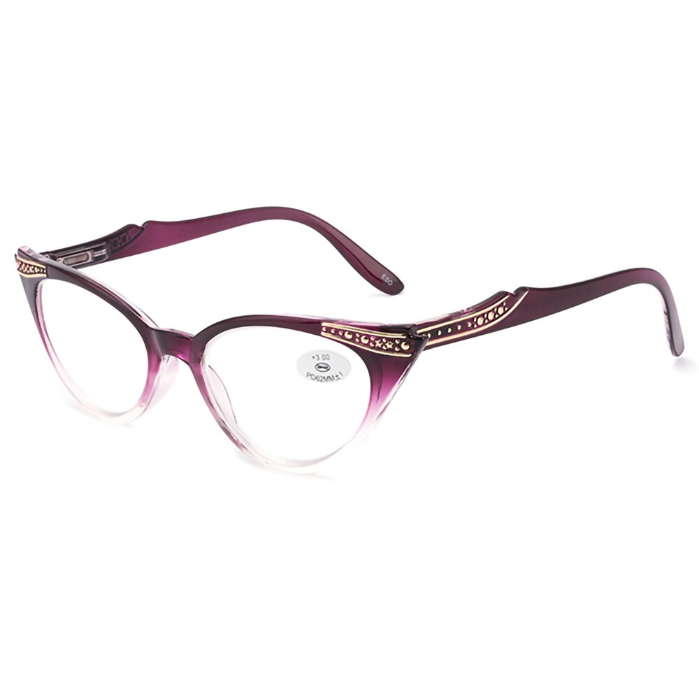 Ladies Reading Glasses Cat Eye Frame Elegance Women Presbyopic Eyeglasses +1.0 1.5 2.0 2.5 3.0 3.5 for Female Readers: 195124-Purple-C1 / +100