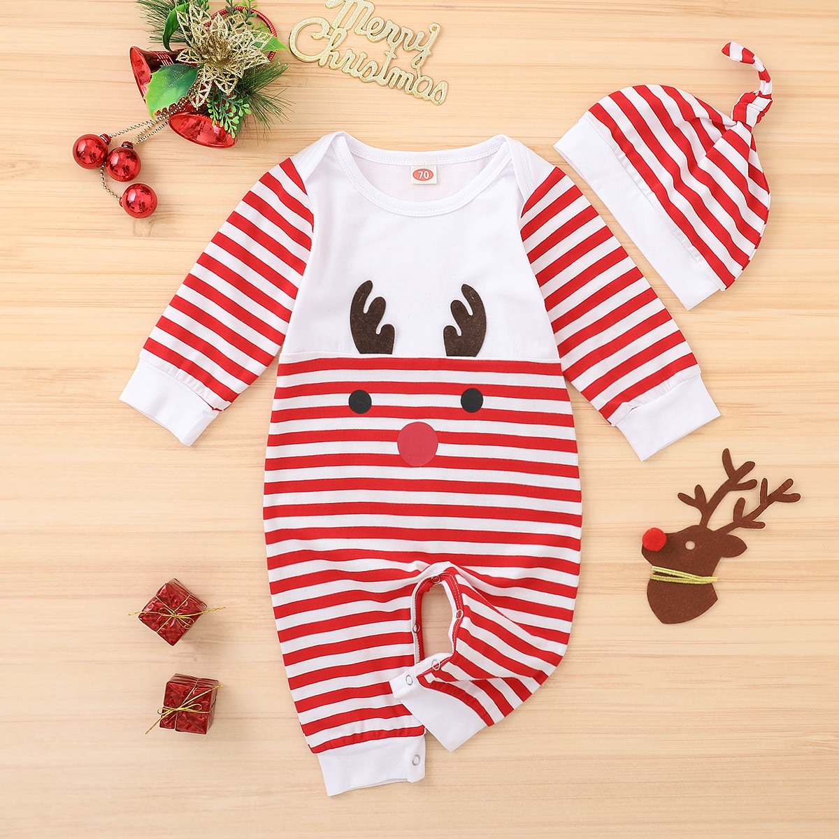 2 stk baby christmas romper outfits, tegneserie hjorte mønster striber o-hals langærmet jumpsuit + hat dragt til småbørn, piger