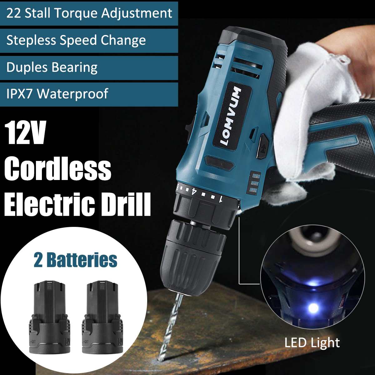 Rechargable Electric Drill Cordless Screwdriver Two-speed Adjustable Cordless Drill Electric Screwdriver Drill With 2 Battery