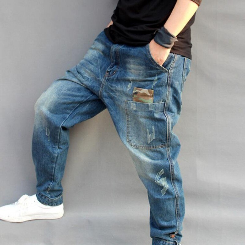 Blå hål rippade baggy män hiphop streetwear skateboarder denim byxor herr löst passform plus hiphop jeans storlek s -4xl