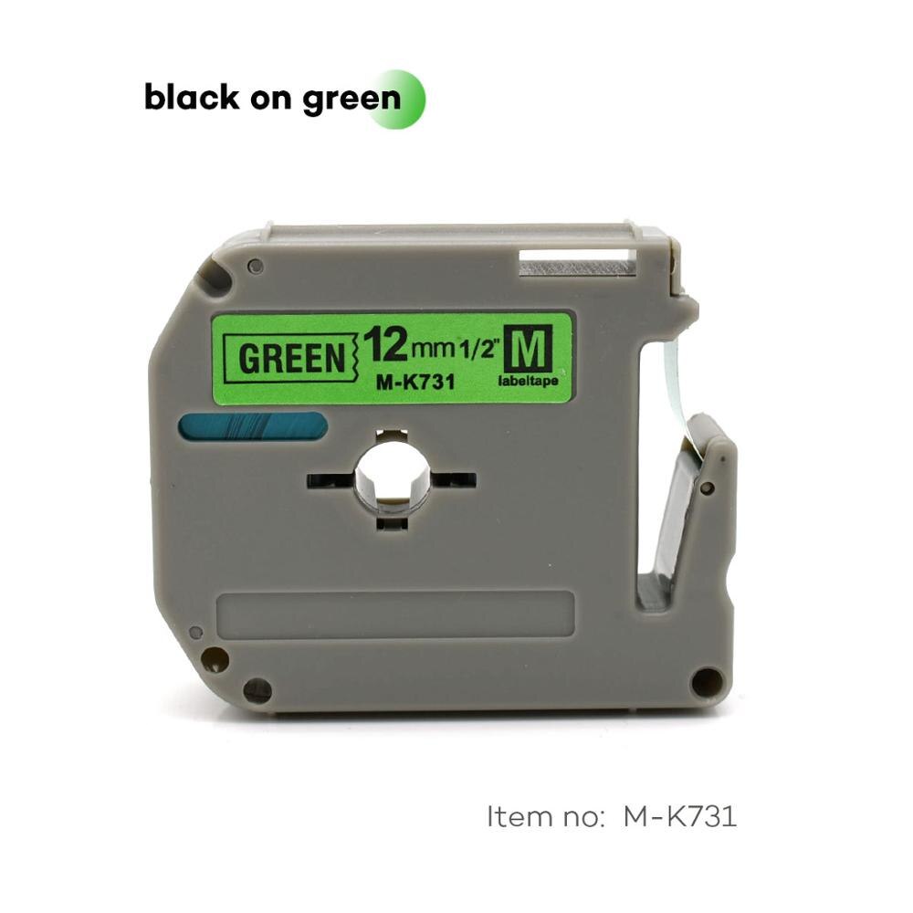 12mm flerfarvede etiketbånd som m -k131 m-k231 mk231 mk 431 mk531 mk-631 kompatibel brother p-touch labelprinter til pt -80 pt-70: Sort på grøn