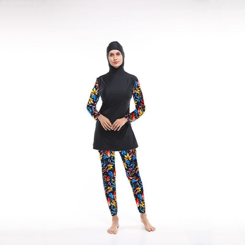 Women Floral Priended Muslim Swimwear Hijab Muslimah Islamic Swimsuit Swim Surf Wear Sport Burkinis S-5XL: Black3 / 3XL